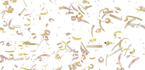 Beautiful image of gold and rose gold confetti falling on a white background. Perfect for celebrations and festive designs.