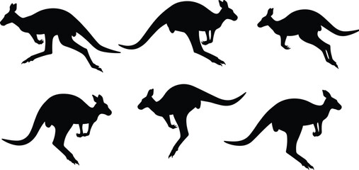 Kangaroo silhouette jumping and running in nature, Australian wildlife vector illustration, black animal design, outdoor wildlife, marsupial art.