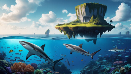 World Animal Day, Surreal fantasy illustration of a floating island in the middle of the ocean, with lush green landscape and cliffs above water, and an underwater world.