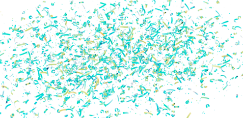 High-resolution image of teal and gold confetti falling on a white background, perfect for party invitations or celebratory designs.