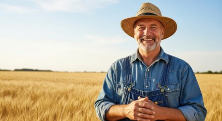 Fototapeta premium Experienced farmer smiling in a golden wheat field under a sunny blue sky looking ahead