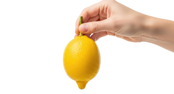 a hand gently squeezing a ripe yellow lemon zesty citrus burst, juicy refreshment, isolated on transparent background