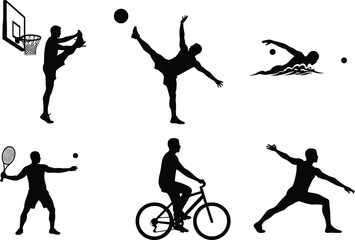 Silhouette collection of various sports activities including basketball, soccer, swimming, tennis, cycling, and yoga, dynamic athletic movements, fitness and outdoor exercise.