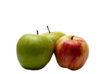 Three apples, two green and one red-yellow on a transparent background.