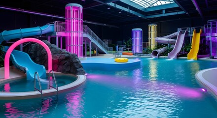 An indoor water park with multiple colorful slides, pools, and glowing neon lights, creating an exciting and vibrant atmosphere for recreation