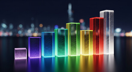 Vibrant growth chart illustrates business success with colorful bars against a dazzling cityscape backdrop