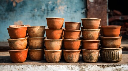 Stack of terracotta pots on a surface against a textured background.