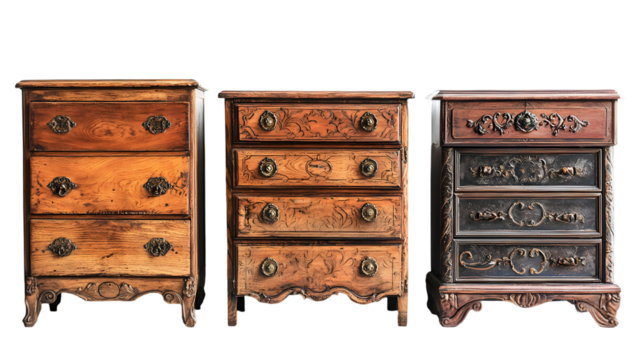Elegant vintage wooden dressers and chests of drawers in classic ornate designs isolated on a transparent background - Powered by Adobe