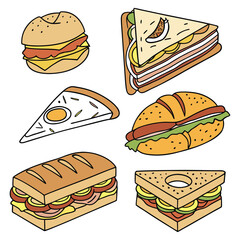 A colorful vector illustration set of fast food icons including hamburgers, pizza, hotdogs, and cheeseburgers on a menu