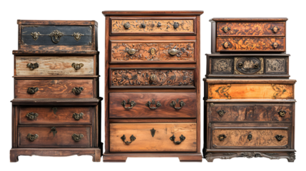 Elegant vintage wooden dressers and chests of drawers in classic ornate designs isolated on a transparent background