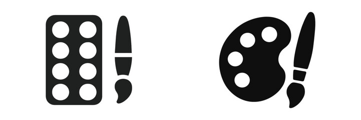 Digital art tools in black and white showcasing a paint palette and paintbrush on a minimalist background