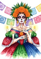 Fototapeta premium Catrina holding marigold flowers wearing traditional dress celebrating dia de muertos
