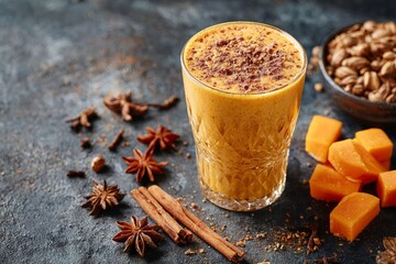 Glass of fresh papaya smoothie with cinnamon and spices on dark background. Glass of pumpkin spice smoothie with cinnamon dust on top