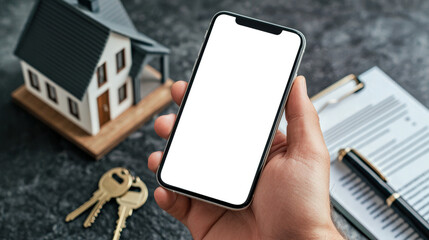 Obraz na płótnie Canvas Housing insurance. Rent, sale and purchase of a country house. Mobile app advertising. A mockup of the phone in the male hand of a real estate agent. There is a miniature house on the table