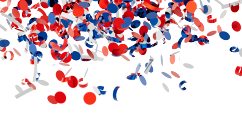 Falling confetti, red, white, and blue circles and ribbons. Perfect for party, celebration, and festive designs.