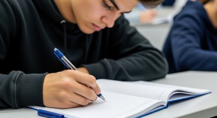 Dedicated student focused on writing in notebook during class or examination session