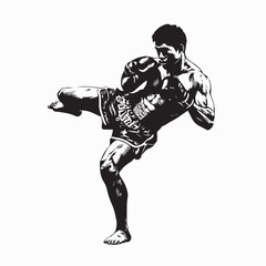 Muay Thai Martial Artist in Fighting Stance Vector Illustration