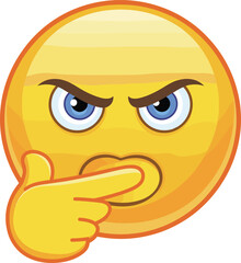 Angry thinking emoji face with blue eyes, hand on mouth, serious expression, digital illustration, emoticon, frustration, isolated white background