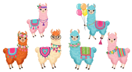 Isolated Group of Colorful Llamas