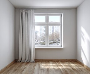 Fototapeta premium An empty room with a large window, light-gray walls, and light-beige curtains, showcasing a wintery cityscape view, bathed in soft natural light.