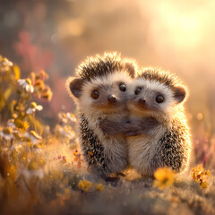 Fototapeta premium Two hedgehogs cuddle together in a flower-filled meadow at sunset Generative AI