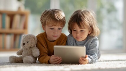 Two young children lie on a carpet, sharing a digital tablet with a teddy bear beside them, possibly engaged in remote learning or entertainment