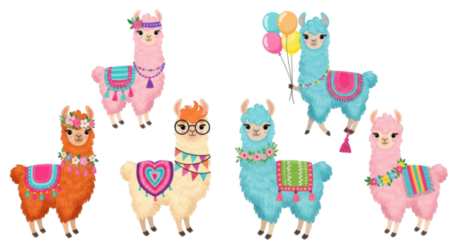 Isolated Group of Colorful Llamas