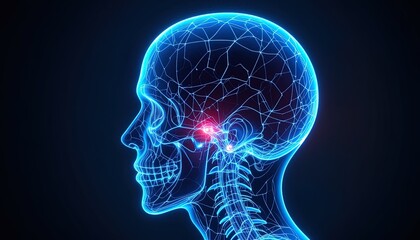 Glowing blue human head with neural network showing brain activity and neurological research concept