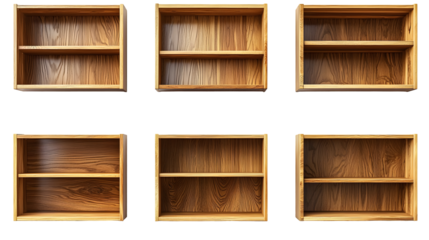 Empty wooden bookshelves and shelving units displayed isolated on a transparent background