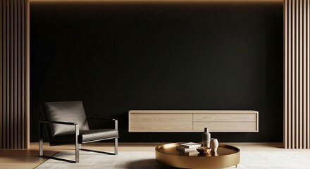 Minimalist Living Room With Black Accent Wall Featuring a Modern Armchair Wood Accents and a Stylish Coffee Table Design