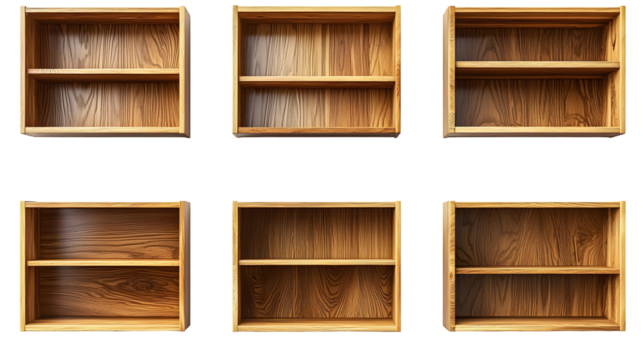 Empty wooden bookshelves and shelving units displayed isolated on a transparent background