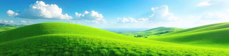 Fototapeta premium Serene vista of a rolling green hill landscape under a vibrant blue sky, bathed in soft sunlight Perfect for travel, nature, and environmental themes , vibrant, day
