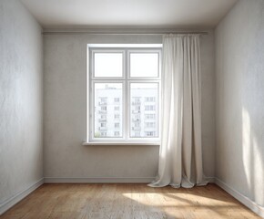 Fototapeta premium An empty room with a large window, light-colored walls and flooring, and sheer white curtains, bathed in natural light.