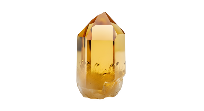 A mesmerizing citrine crystal point, its golden hue radiating warmth and clarity, isolated on transparent background, a symbol of abundance and positivity