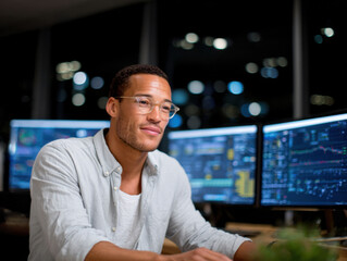 Fototapeta premium Stock market broker analyzing charts on multiple computer screens at night