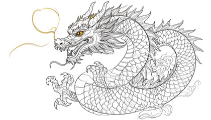 Detailed line art illustration of a majestic eastern dragon on white background