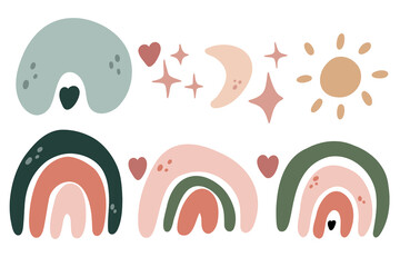 Boho rainbow arch, organic nursery and baby room. Abstract beige, gray, neutral minimalist arch. Stock modern trendy hand drawn flat illustration isolated on white background.