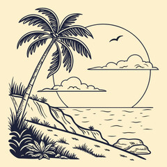Minimilist a tropical beach scene with a palm tree, ocean, clouds, sun, bird, and vegetation in line art style vector
