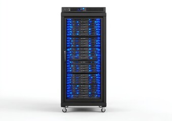 A tall, black server rack, lit with blue LEDs