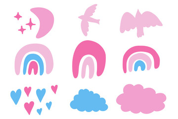 Boho rainbow arch, organic nursery and baby room. Abstract pink blue minimalist arch. Stock modern trendy hand drawn flat illustration isolated on white background.