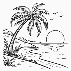 Minimilist a black and white sketch of a tropical beach scene with a palm tree and setting sun illustration vector