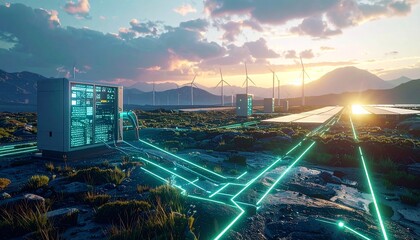 Futuristic smart grid landscape at sunset with solar panels, wind turbines, glowing data lines, and modern buildings.