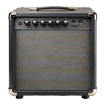 Black guitar amplifier with knobs and speaker grille isolated on transparent background, for electric guitar sound