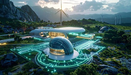 Futuristic smart grid landscape at sunset with solar panels, wind turbines, glowing data lines, and modern buildings.