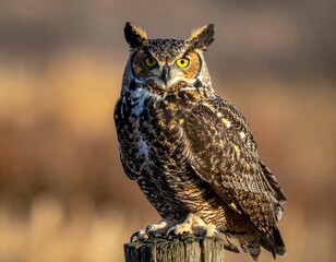 Obraz premium Great Horned Owl Perched on a Wooden Post in Natural Habitat