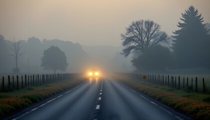 a cozy misty road with headlights cutting through, romantic mood.