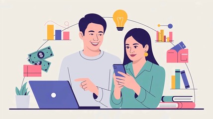 Couple Working Together on Laptop and Smartphone at Home