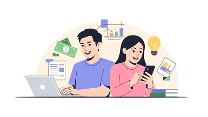 Couple Working Together on Laptop and Smartphone at Home