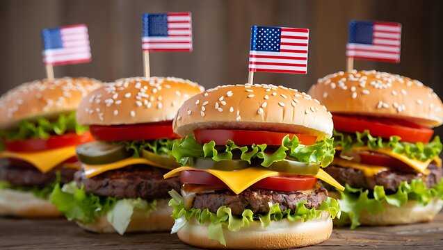 Delicious american burgers with us flags patriotic food celebration bbq picnic summer festivities