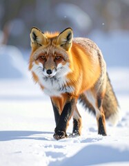 Obraz premium Majestic Red Fox Strides Through Winter Snow, Capturing Nature's Beauty and Wildlife